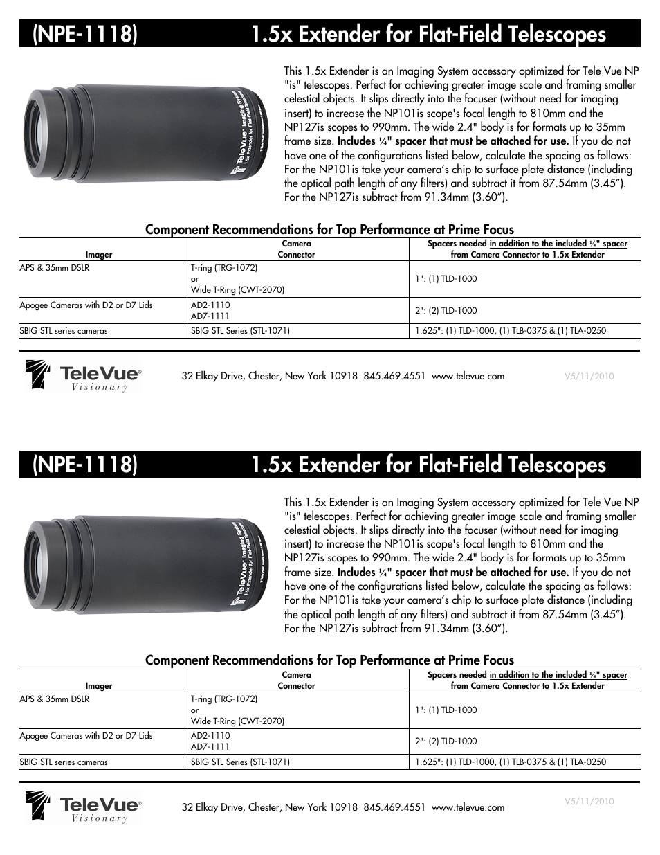 Tele Vue 1.5x Extender for Flat-Field Telescopes (NPE-1118) User Manual | 1 page