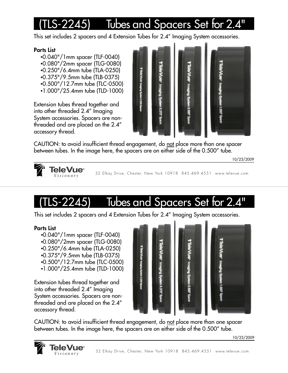 Tele Vue Tubes and Spacers Set for 2.4 (TLS-2245) User Manual | 1 page