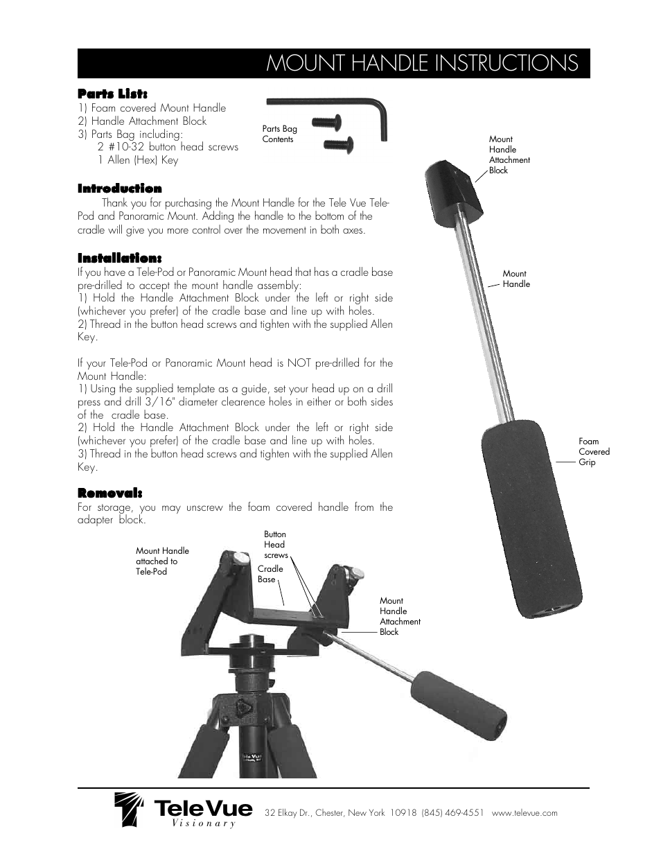 Tele Vue Mount Handle User Manual | 2 pages