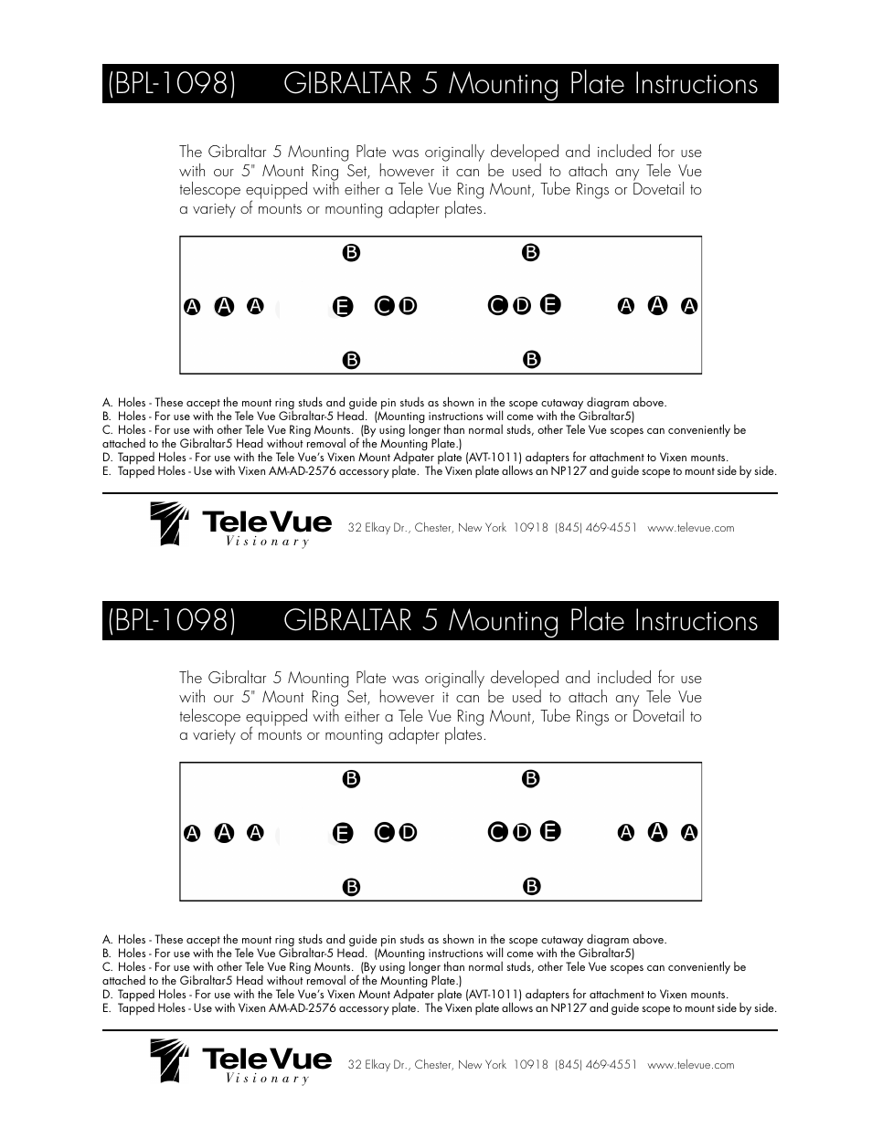 Tele Vue Gibraltar 5 Mounting Plate (BPL-1098) User Manual | 1 page