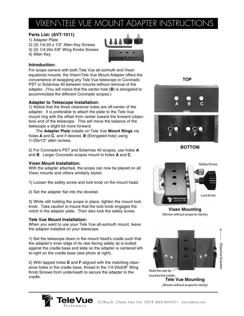 Tele Vue Vixen-Tele Vue Mount Adapter User Manual | 1 page