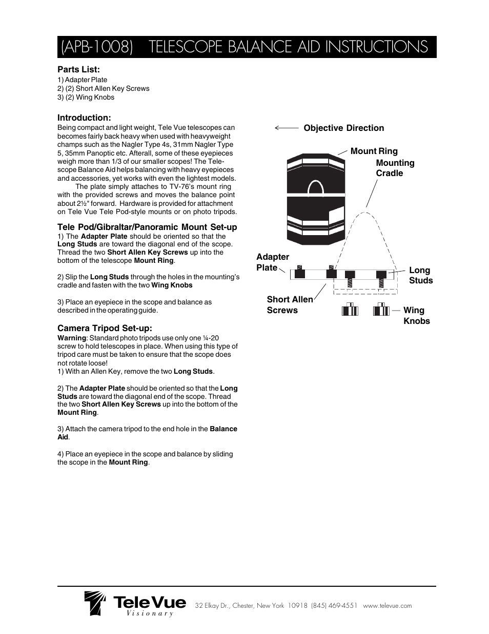 Tele Vue Telescope Balance Aid (APB-1008) User Manual | 1 page