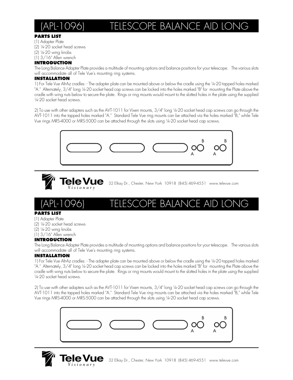 Tele Vue Telescope Balance Aid Long (APL-1096) User Manual | 1 page