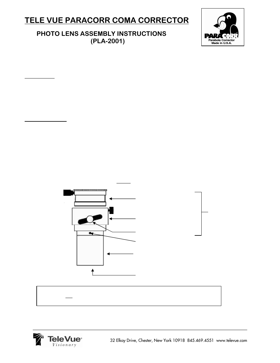 Tele Vue Paracorr Coma Corrector PHOTO LENS (PLA-2001) User Manual | 1 page