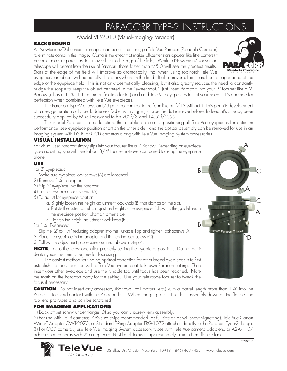 Tele Vue VIP-2010 Paracorr Type-2 User Manual | 2 pages