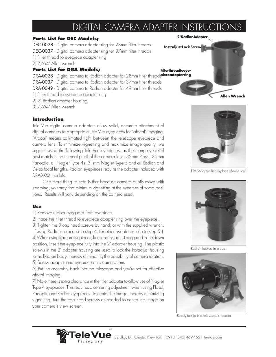 Tele Vue Digital Camera Adapter User Manual | 1 page