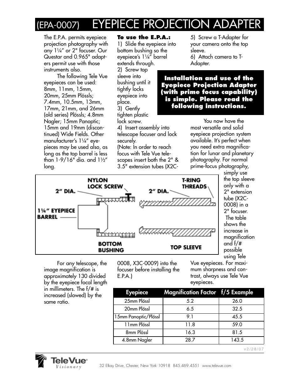 Tele Vue Eyepiece Projection Adapter (EPA-0007) User Manual | 1 page