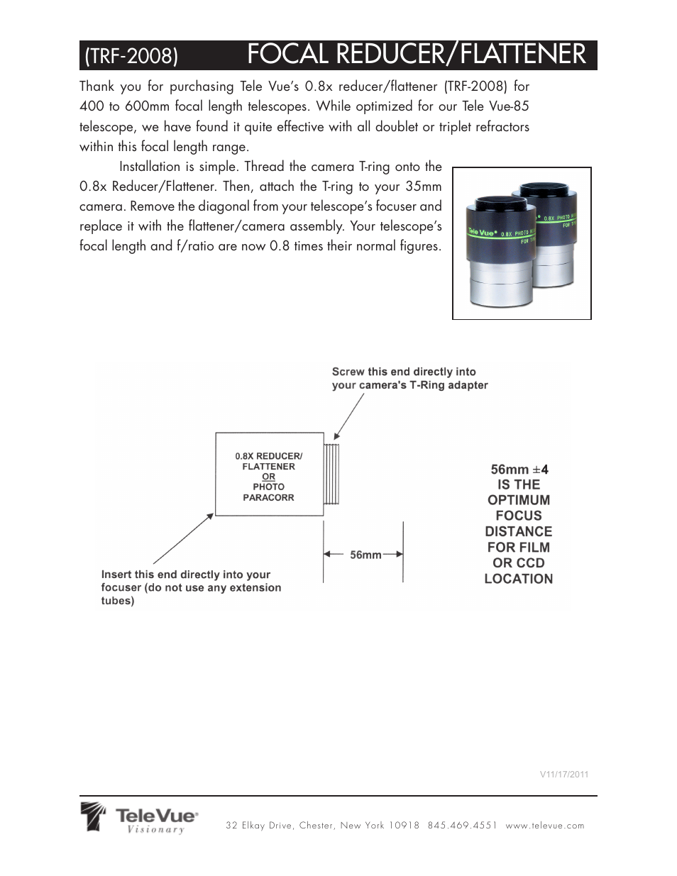 Tele Vue Focal Reducer Flattener (TRF-2008) User Manual | 2 pages