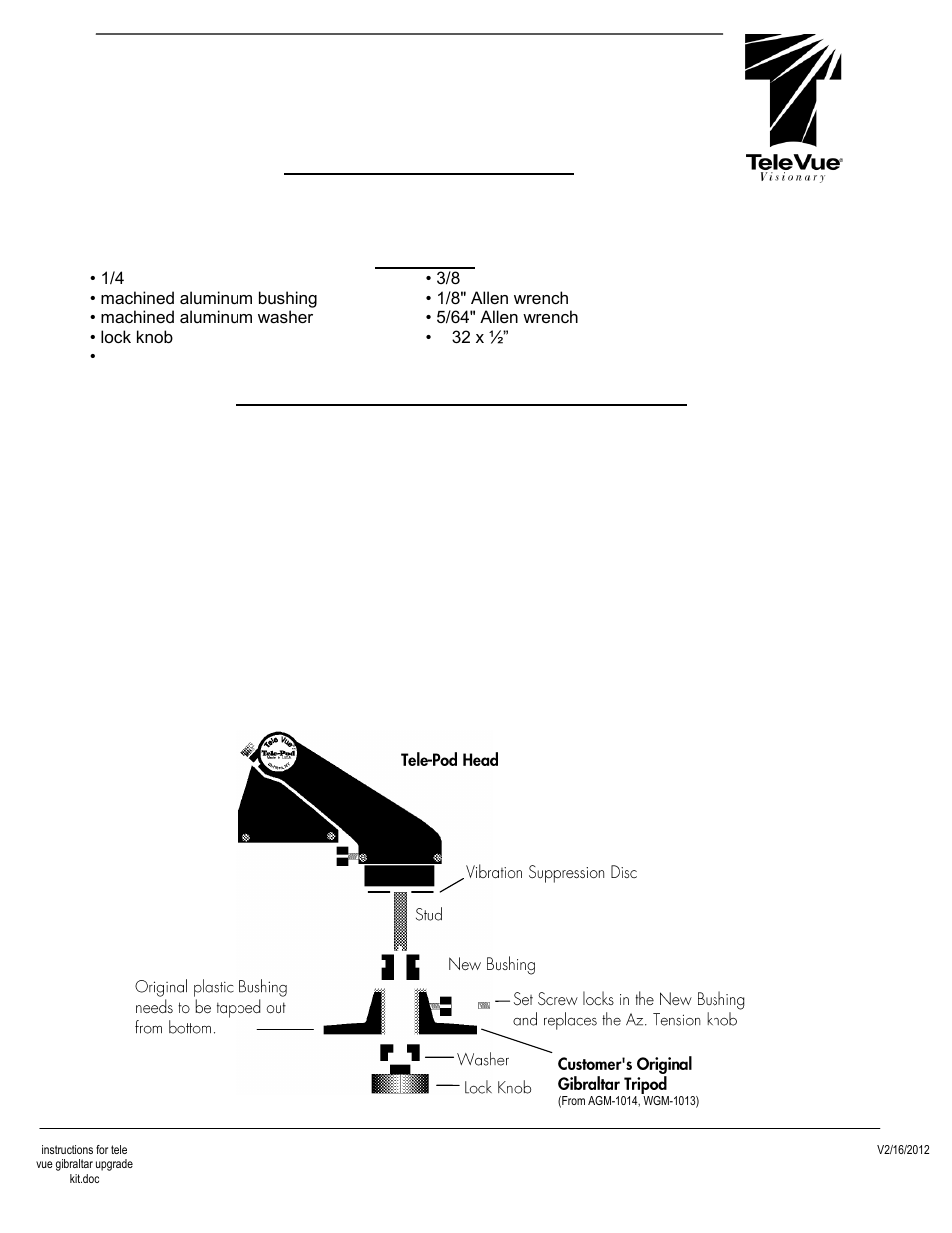 Tele Vue Gibraltar Upgrade Kit (GUK-1001) User Manual | 1 page