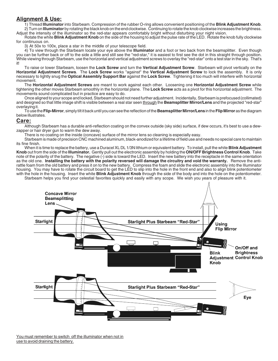 Alignment & use, Care | Tele Vue Starbeam advanced telescope pointer User Manual | Page 2 / 2
