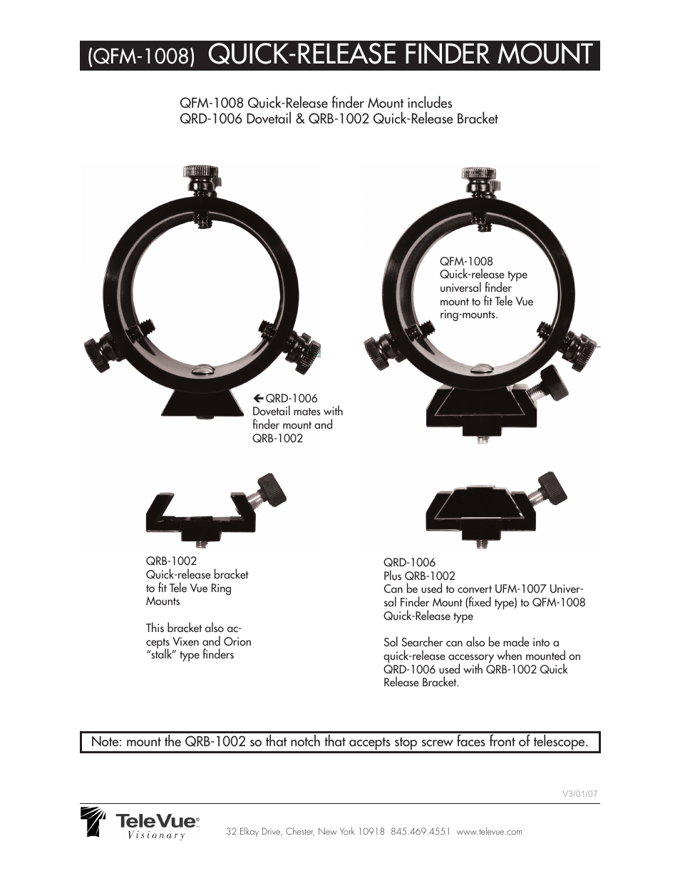 Tele Vue Quick-Release Finder Mount (QFM-1008) User Manual | 1 page