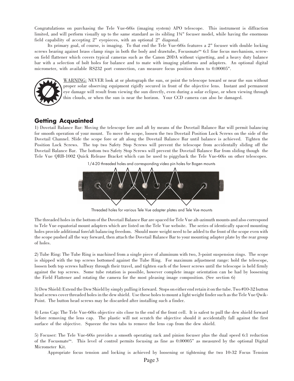 Page 3, Getting acquainted | Tele Vue 60is User Manual | Page 3 / 8