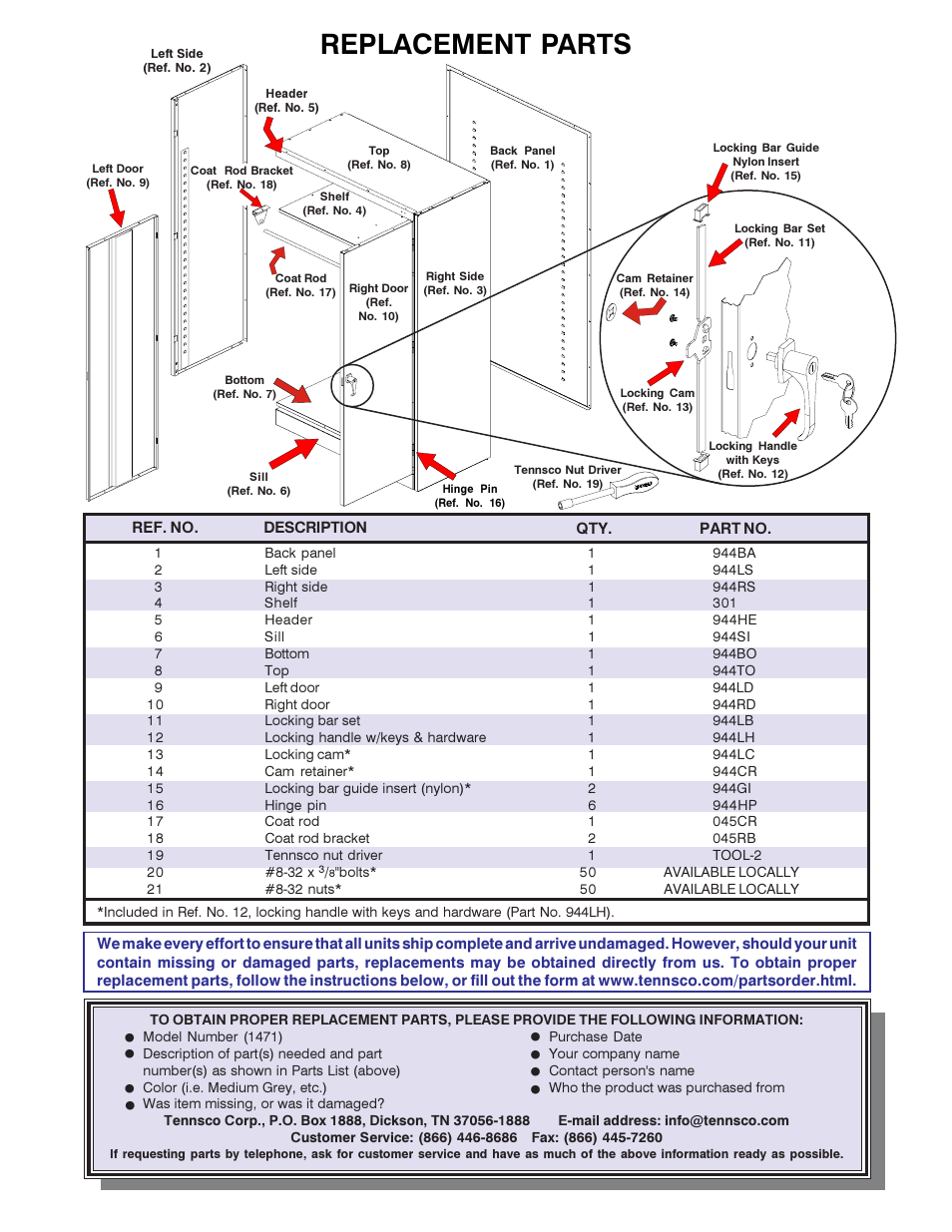 Replacement parts | Tennsco 1471 User Manual | Page 4 / 4