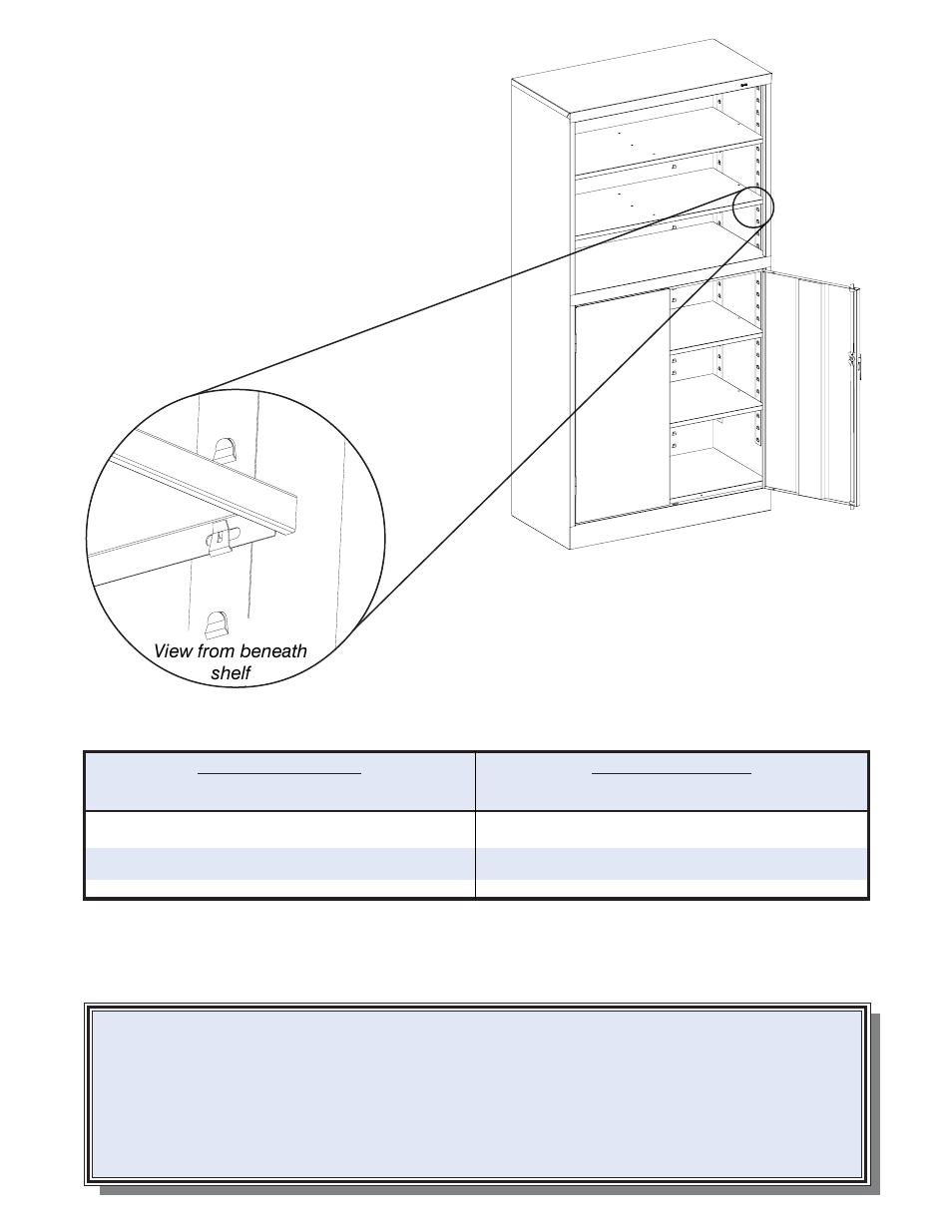 Replacement parts, Shelf adjustment, View from beneath shelf leveling the cabinet | For storage cabinet for locking handle | Tennsco BCD18-72 User Manual | Page 2 / 2