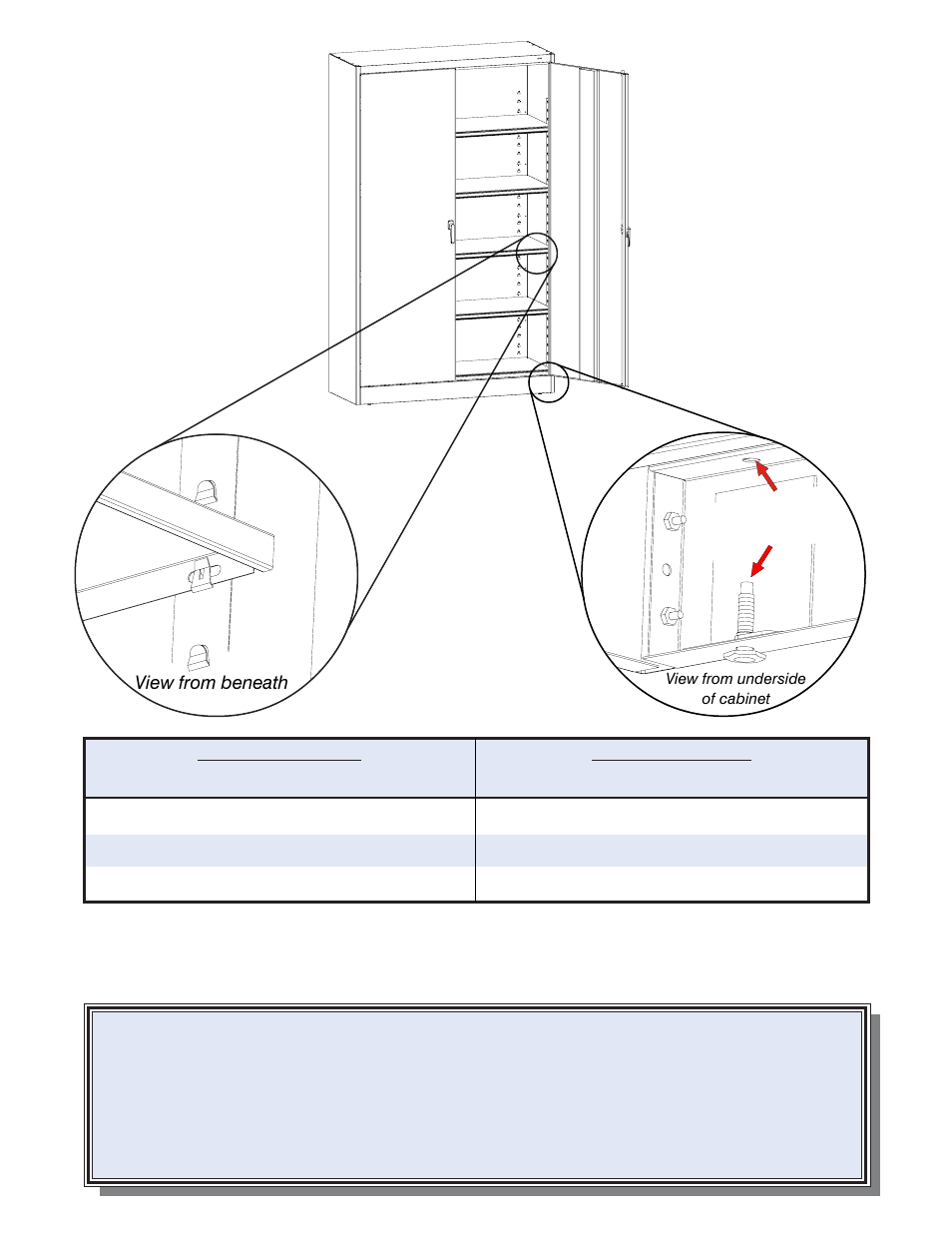 Replacement parts, Shelf adjustment, View from beneath | Leveling the cabinet, For storage cabinet for locking handle | Tennsco J1878SU User Manual | Page 2 / 2