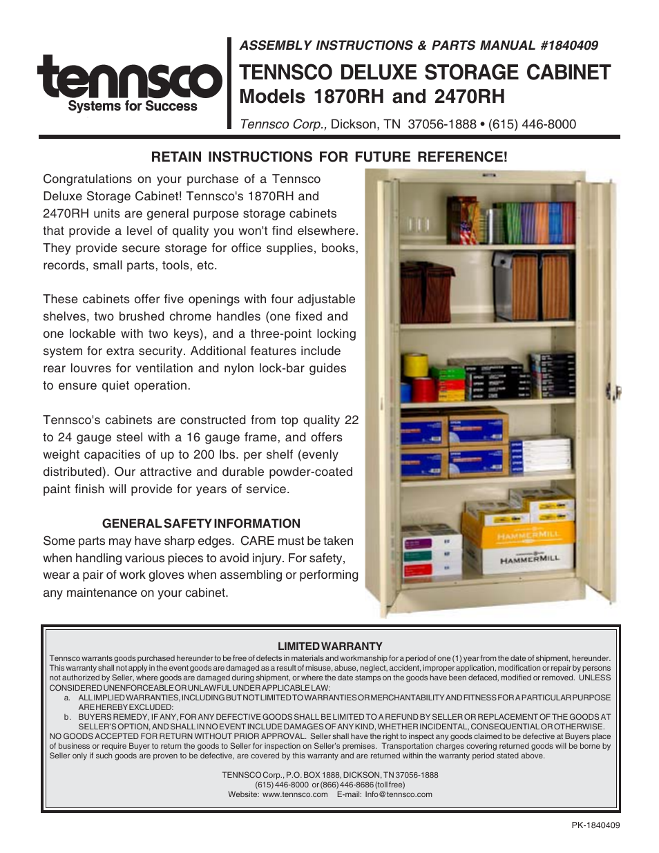 Tennsco 2470RH User Manual | 4 pages