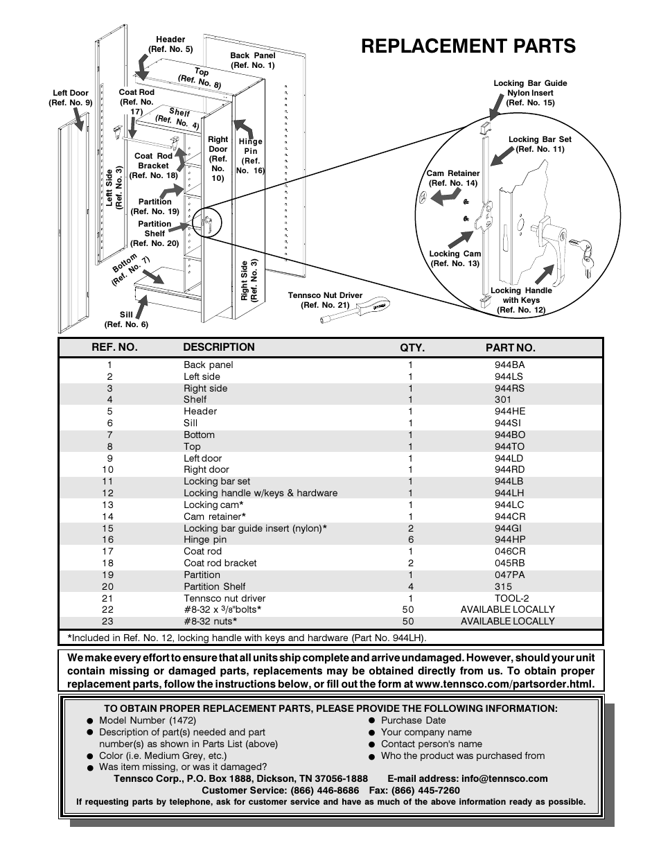 Replacement parts | Tennsco 1472 User Manual | Page 4 / 4