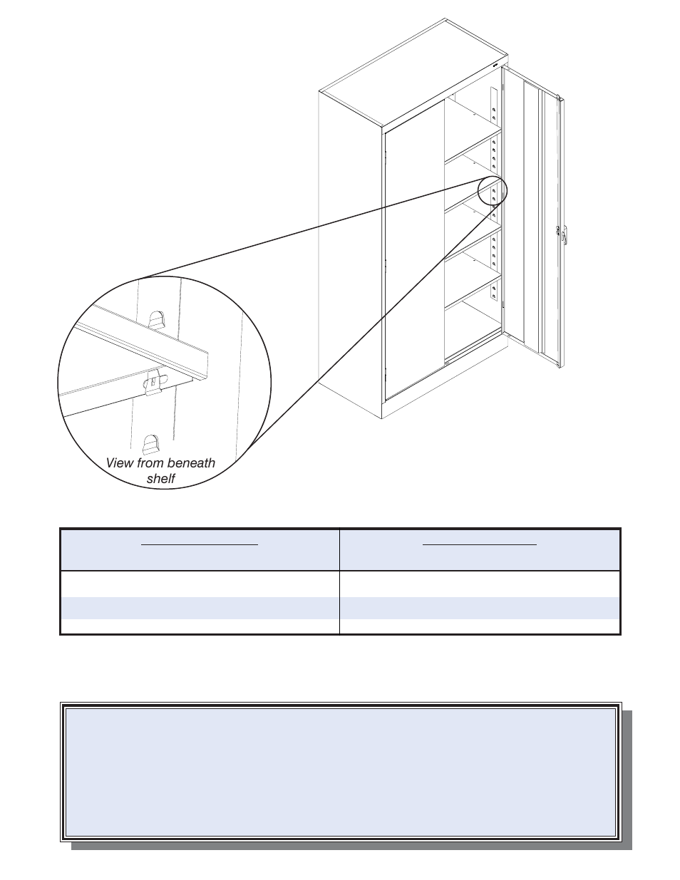 Replacement parts, Shelf adjustment, View from beneath shelf | Leveling the cabinet, For storage cabinet for locking handle | Tennsco 7224 User Manual | Page 2 / 2