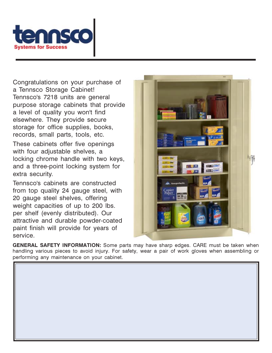 Tennsco 7218 User Manual | 2 pages
