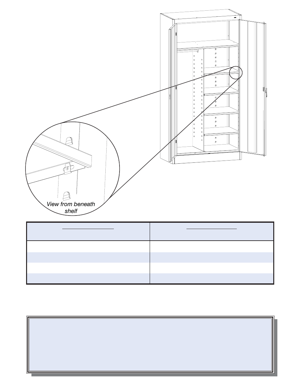 Replacement parts, Shelf adjustment, View from beneath shelf | Leveling the cabinet, For storage cabinet for locking handle | Tennsco 7214 User Manual | Page 2 / 2