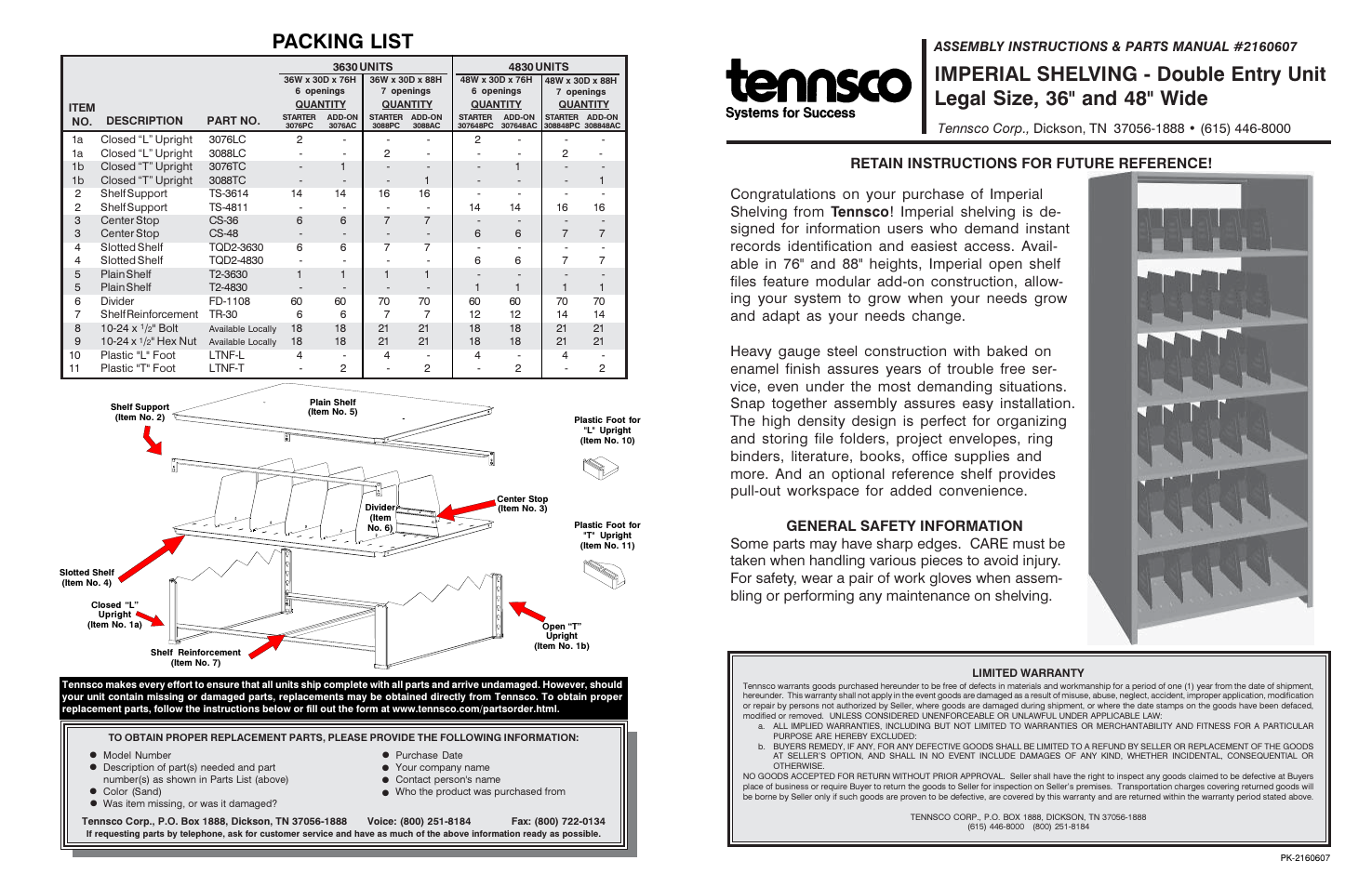 Packing list, Retain instructions for future reference | Tennsco Shelving Double 48 WIDE User Manual | Page 4 / 4