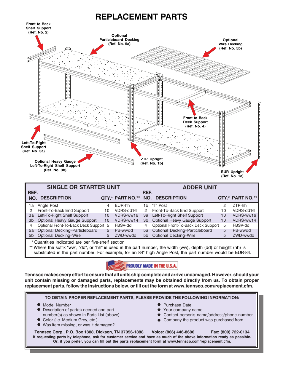 Replacement parts, Single or starter unit adder unit | Tennsco Z-Line Medium Profile Shelving User Manual | Page 4 / 4