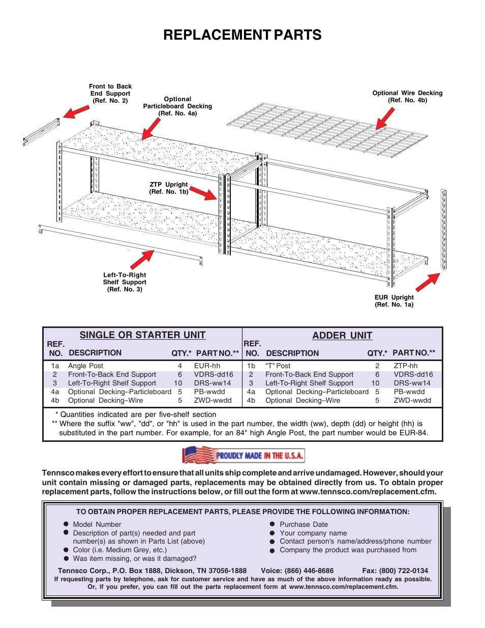 Replacement parts, Single or starter unit adder unit | Tennsco Z-Line Low Profile Boltless Shelving User Manual | Page 4 / 4