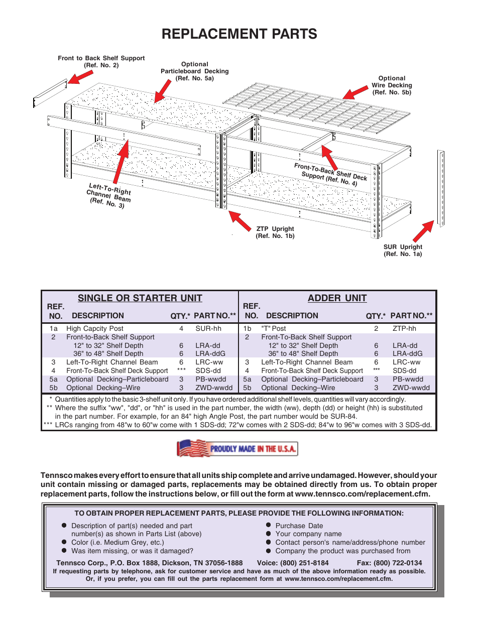 Replacement parts, Single or starter unit adder unit | Tennsco Z-Line Heavy Duty Boltless Rack User Manual | Page 4 / 4