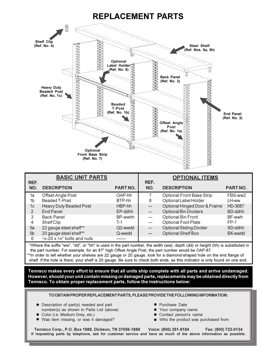 Replacement parts, Basic unit parts optional items | Tennsco Q-Line Shelving Closed User Manual | Page 8 / 8