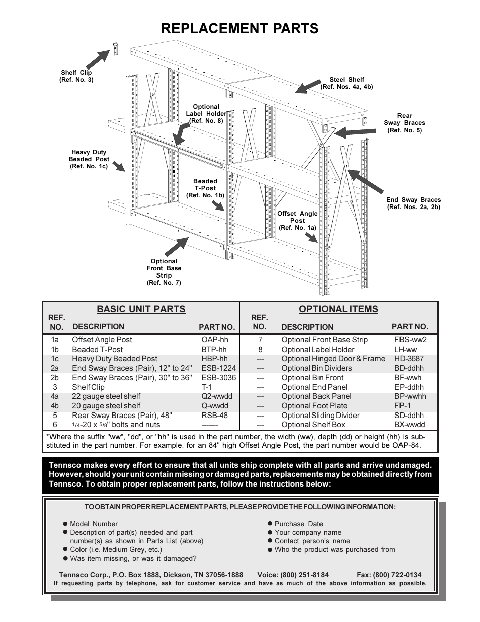 Replacement parts, Basic unit parts optional items | Tennsco Q-Line Shelving Open User Manual | Page 8 / 8