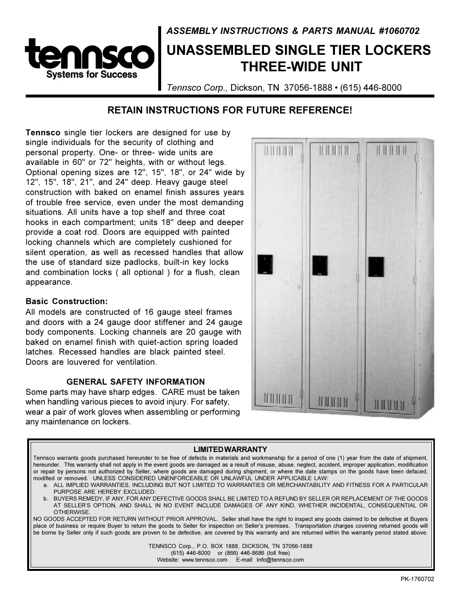 Tennsco Single Tier Lockers Three Wide User Manual | 4 pages