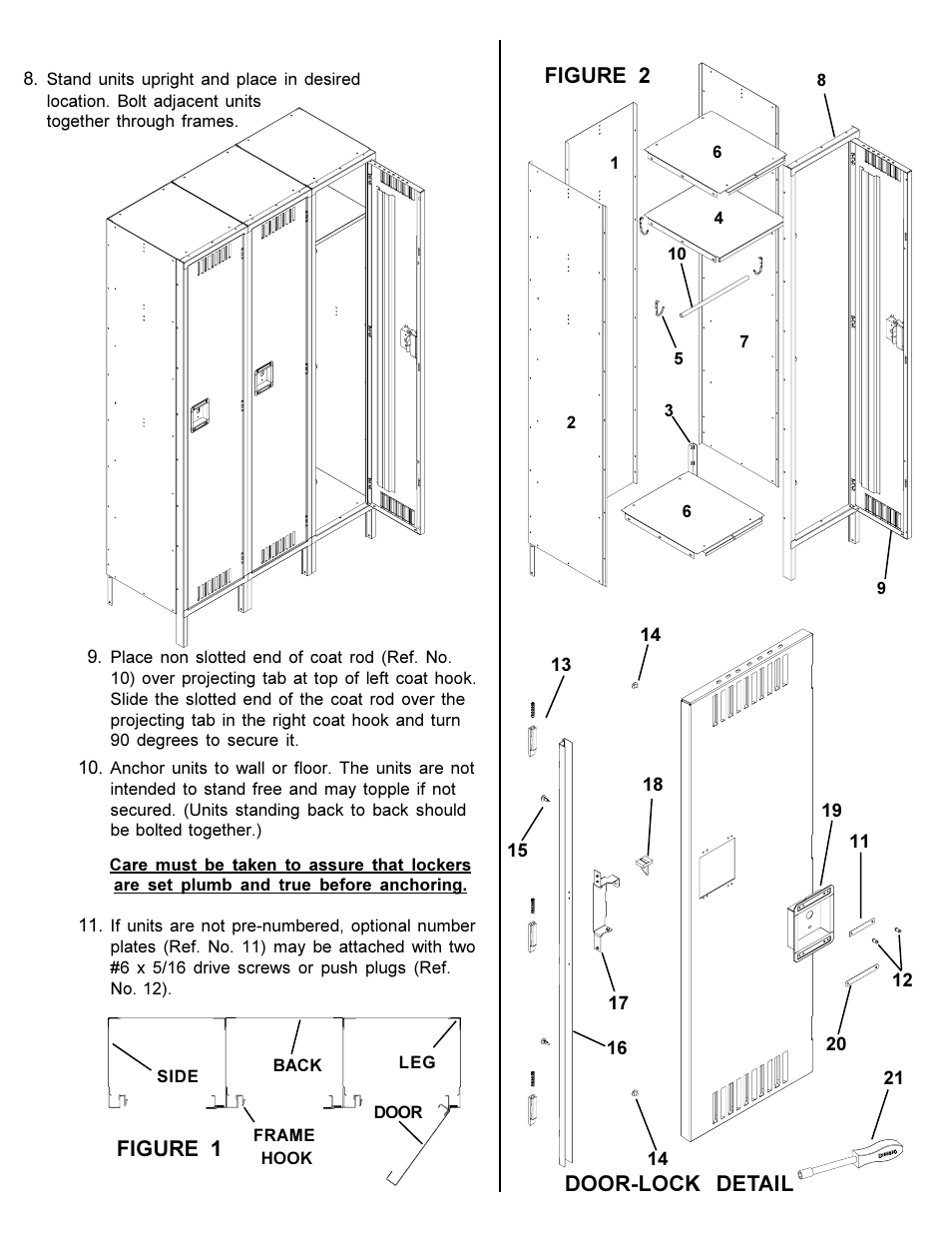 Figure 1 figure 2, Door-lock detail | Tennsco Single Tier Lockers Three Wide User Manual | Page 3 / 4