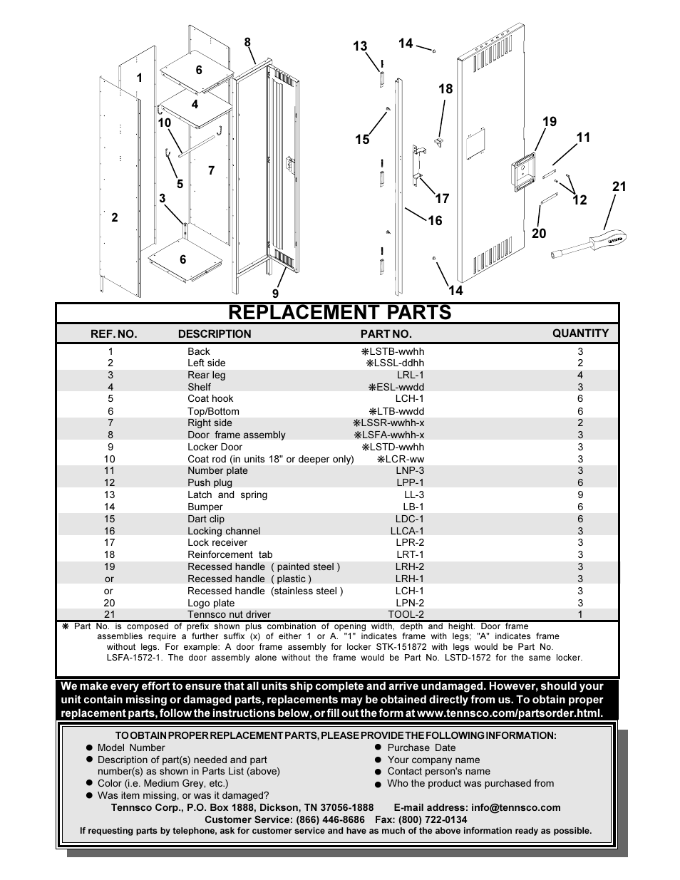 Replacement parts | Tennsco Single Tier Lockers Three Wide User Manual | Page 4 / 4