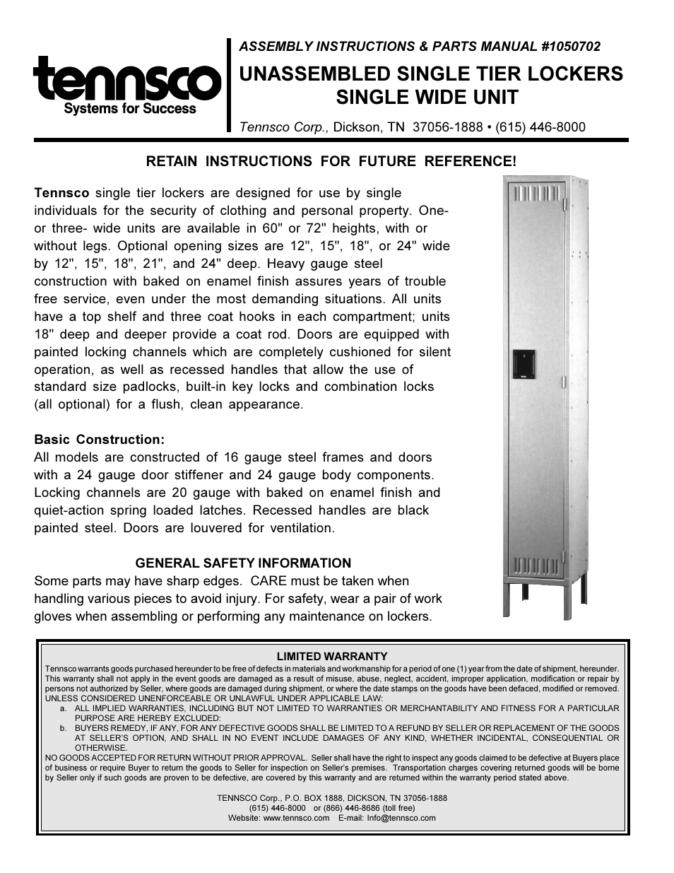 Tennsco Single Tier Lockers One Wide User Manual | 4 pages