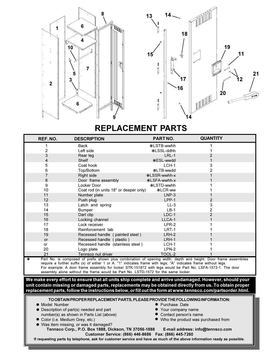 Replacement parts | Tennsco Single Tier Lockers One Wide User Manual | Page 4 / 4
