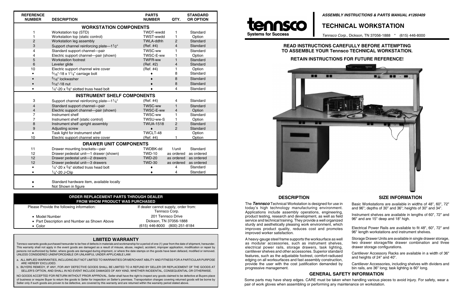 Tennsco Technical Workstation User Manual | 2 pages