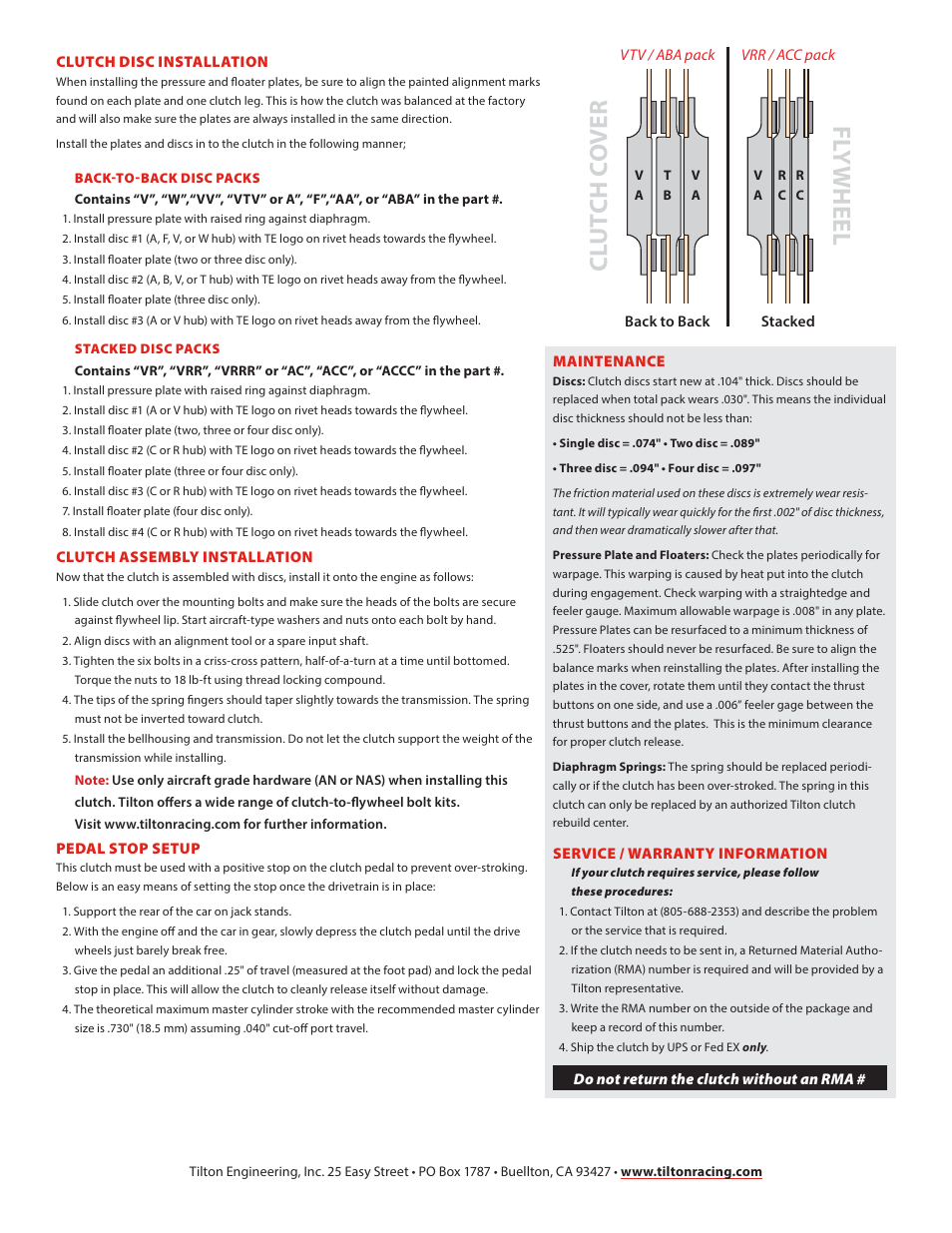 Tilton 7.25 OT-II Clutches (98-725M) User Manual | Page 2 / 2