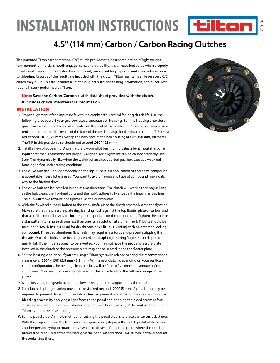 Tilton 4.5″ Carbon Clutches (98-1302) User Manual | 2 pages