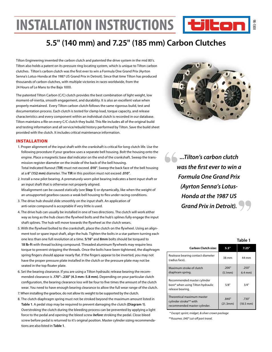 Tilton 7.25&5.5 Carbon Clutches (98-1300) User Manual | 4 pages
