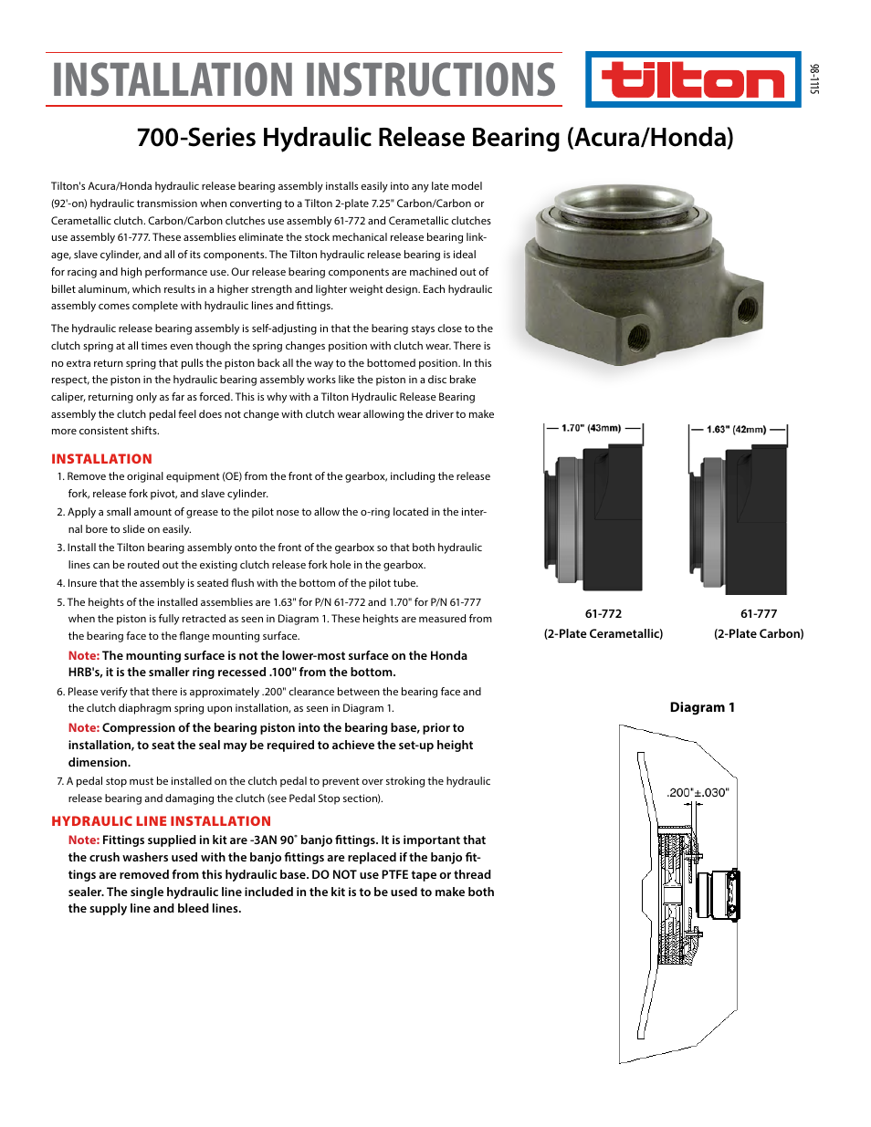 Tilton 700-Series Hydraulic Release Bearing (98-1115) User Manual | 4 pages