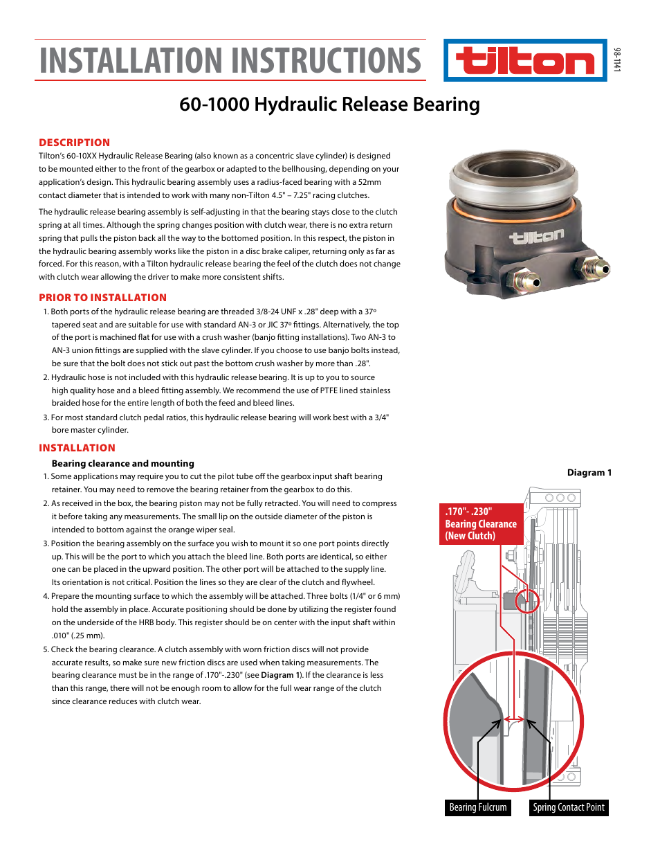 Tilton 10XX Hydraulic Release Bearing (98-1141) User Manual | 4 pages