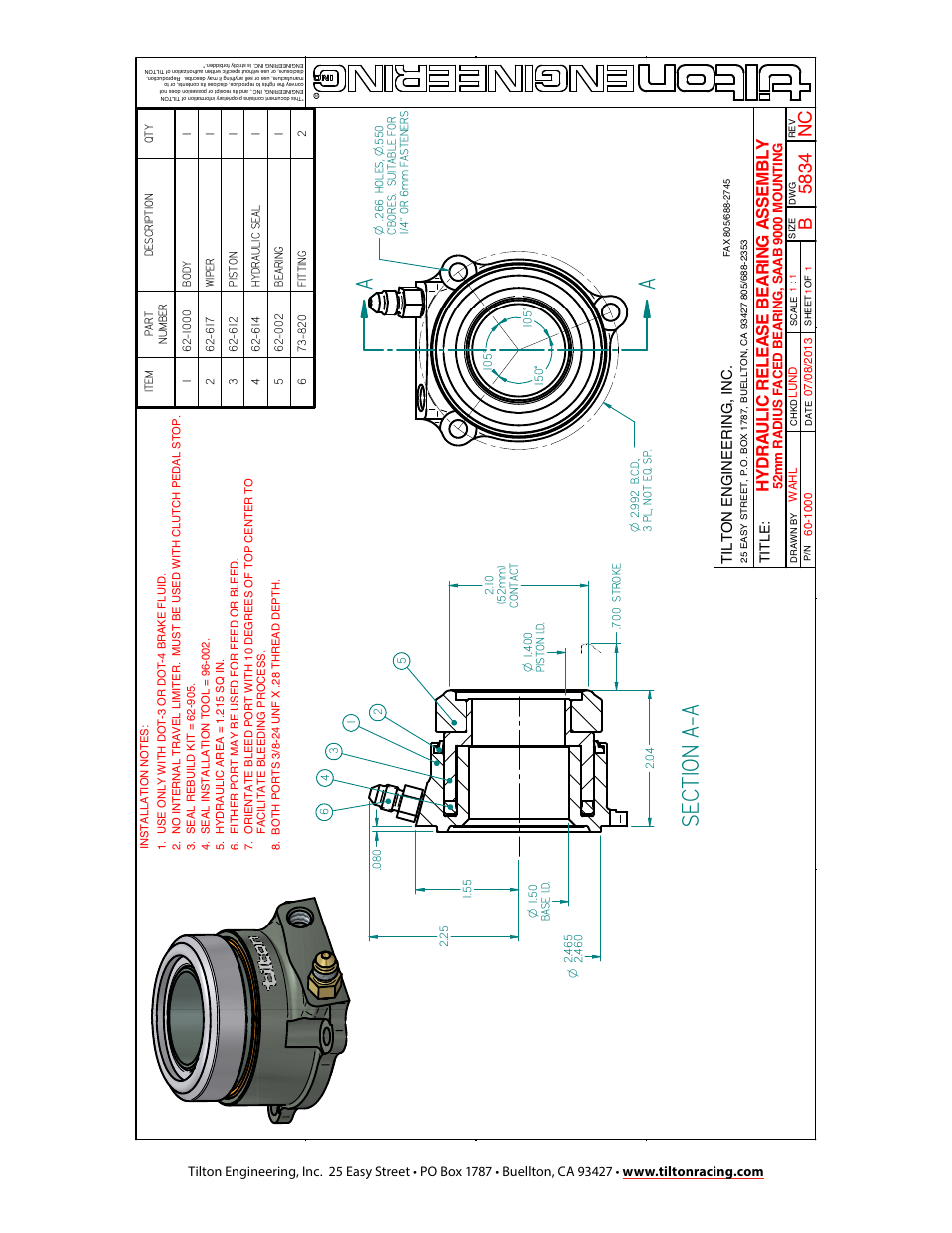 Asec ti on a- a, Hy drau li c re le as e be ar ing a ss em bl y | Tilton 10XX Hydraulic Release Bearing (98-1141) User Manual | Page 4 / 4