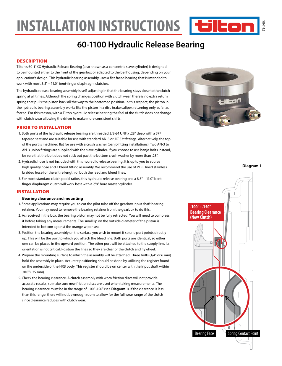 Tilton 11XX Hydraulic Release Bearing (98-1142) User Manual | 4 pages