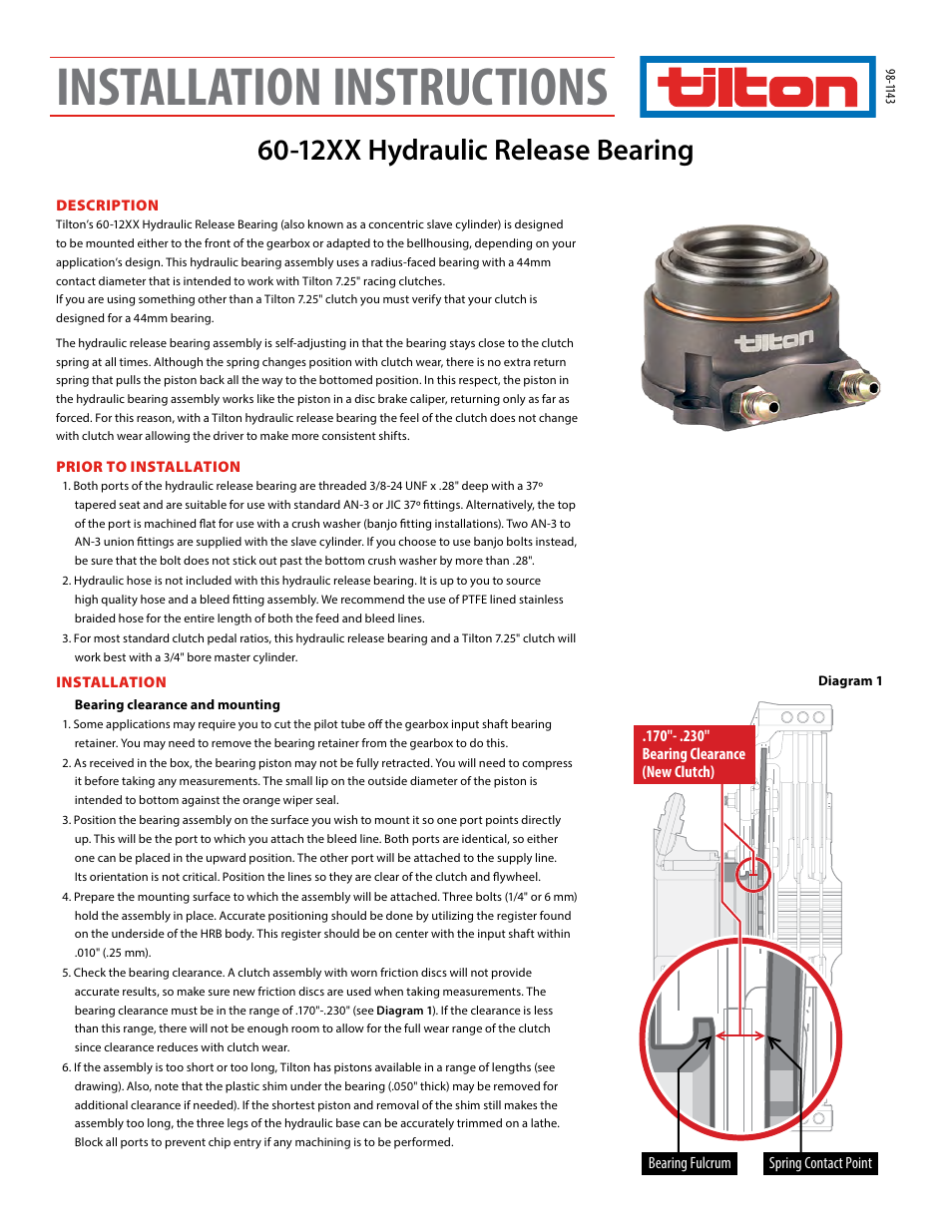 Tilton 12XX Hydraulic Release Bearing (98-1143) User Manual | 4 pages