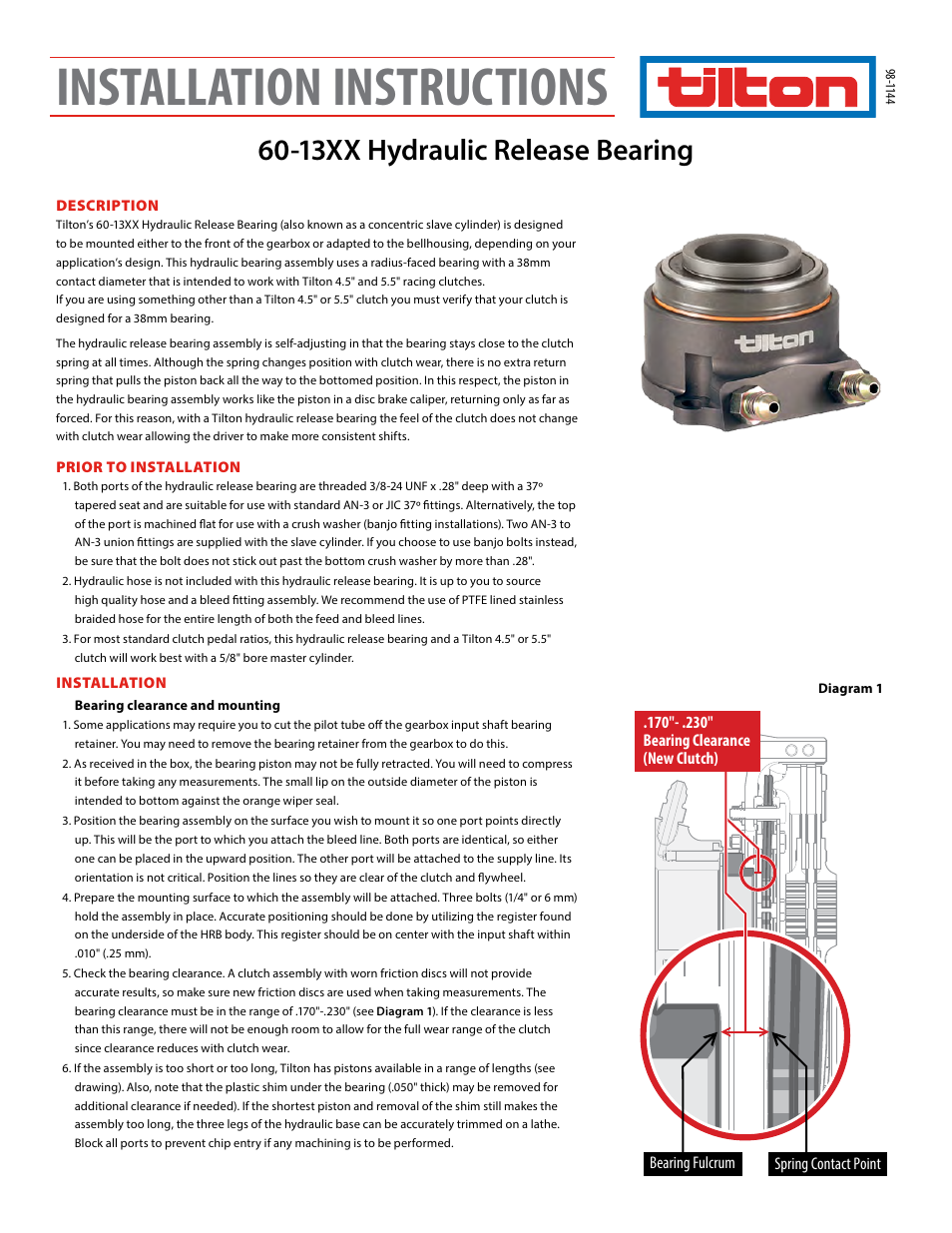 Tilton 13XX Hydraulic Release Bearing (98-1144) User Manual | 4 pages