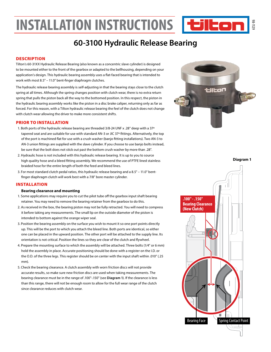 Tilton 31XX Hydraulic Release Bearing (98-1129) User Manual | 4 pages
