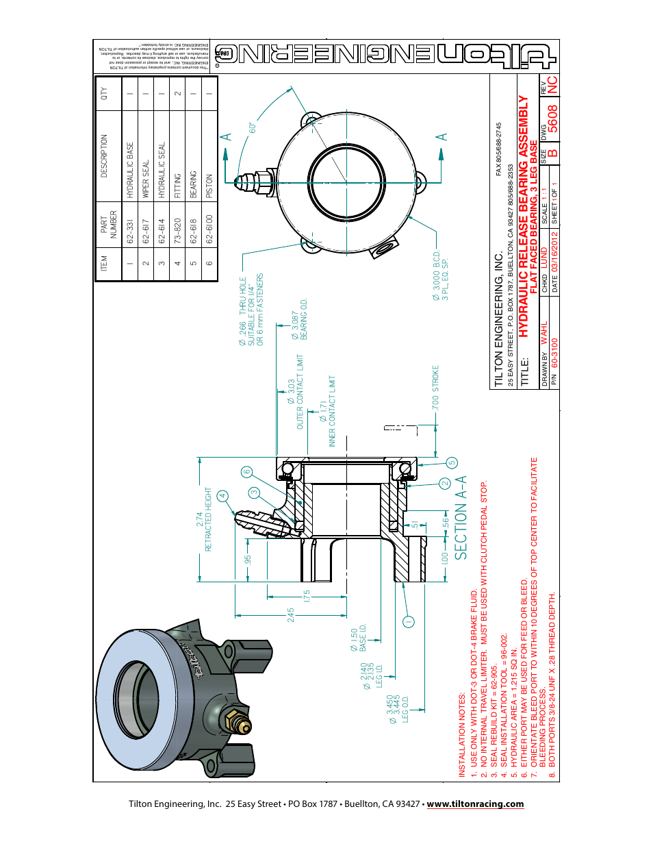 Asec ti on a-a, Hy drau li c re le as e be ar ing a ss em bl y | Tilton 31XX Hydraulic Release Bearing (98-1129) User Manual | Page 4 / 4