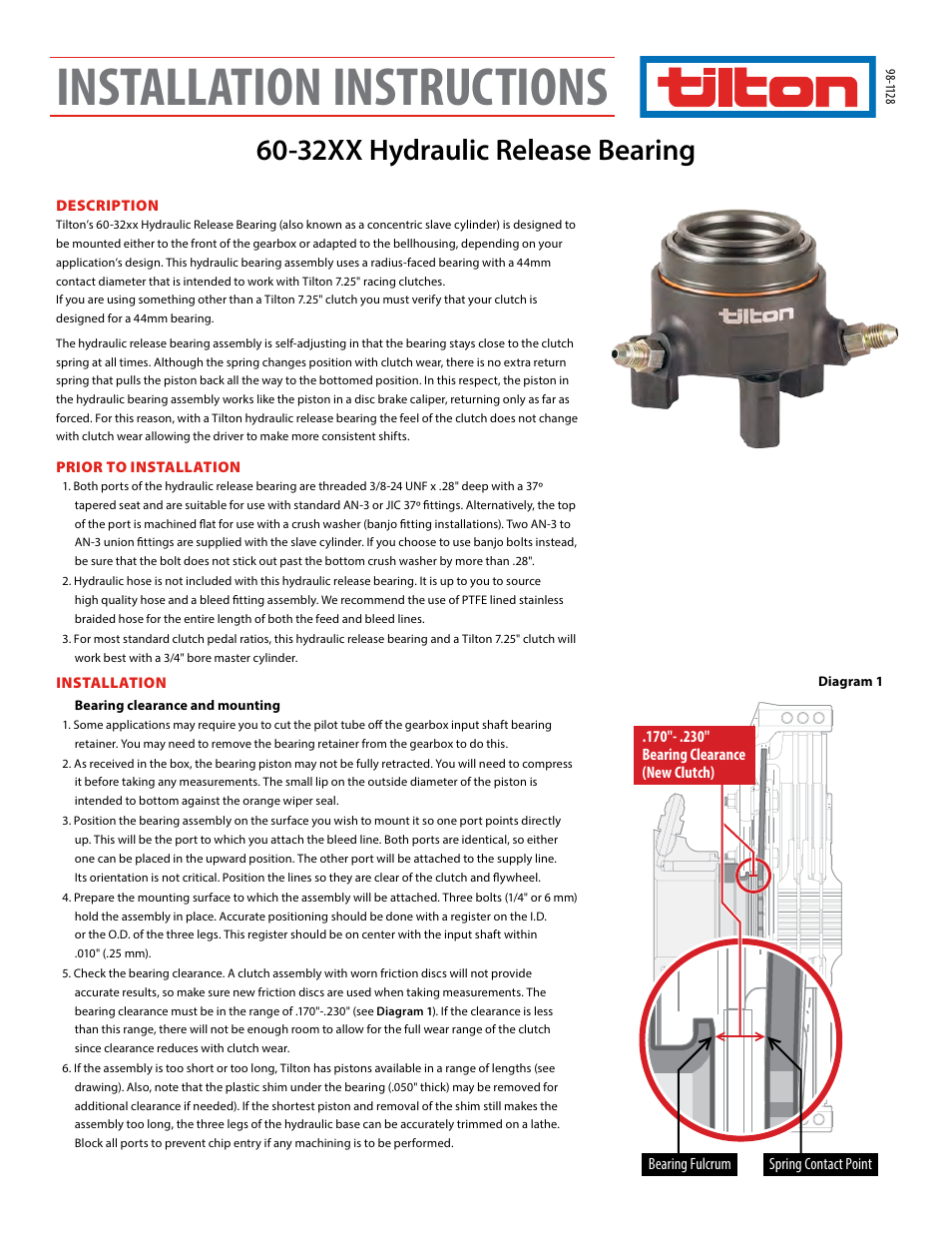 Tilton 32XX Hydraulic Release Bearing (98-1128) User Manual | 4 pages