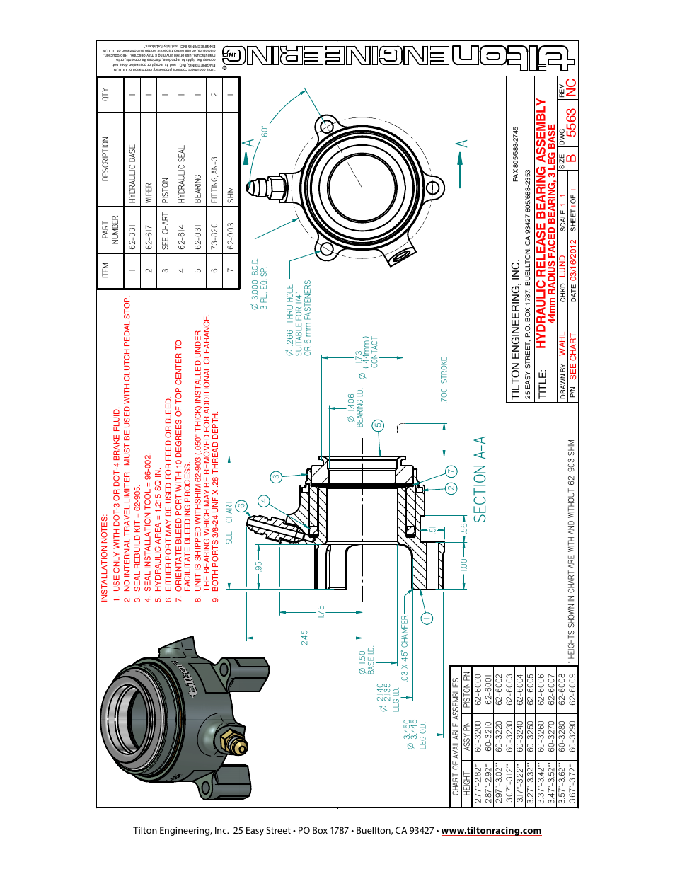 Asec ti on a- a, Hy drau li c re le as e be ar ing a ss em bl y | Tilton 32XX Hydraulic Release Bearing (98-1128) User Manual | Page 4 / 4