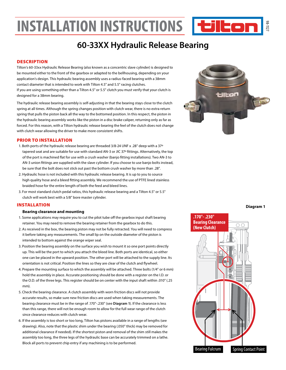 Tilton 33XX Hydraulic Release Bearing (98-1127) User Manual | 4 pages